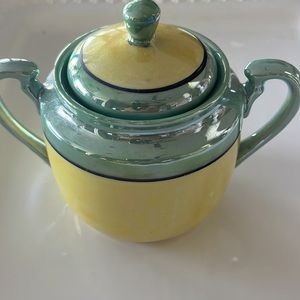 EUC Hand painted Lusterware green and yellow sugar bowl. Made in Japan